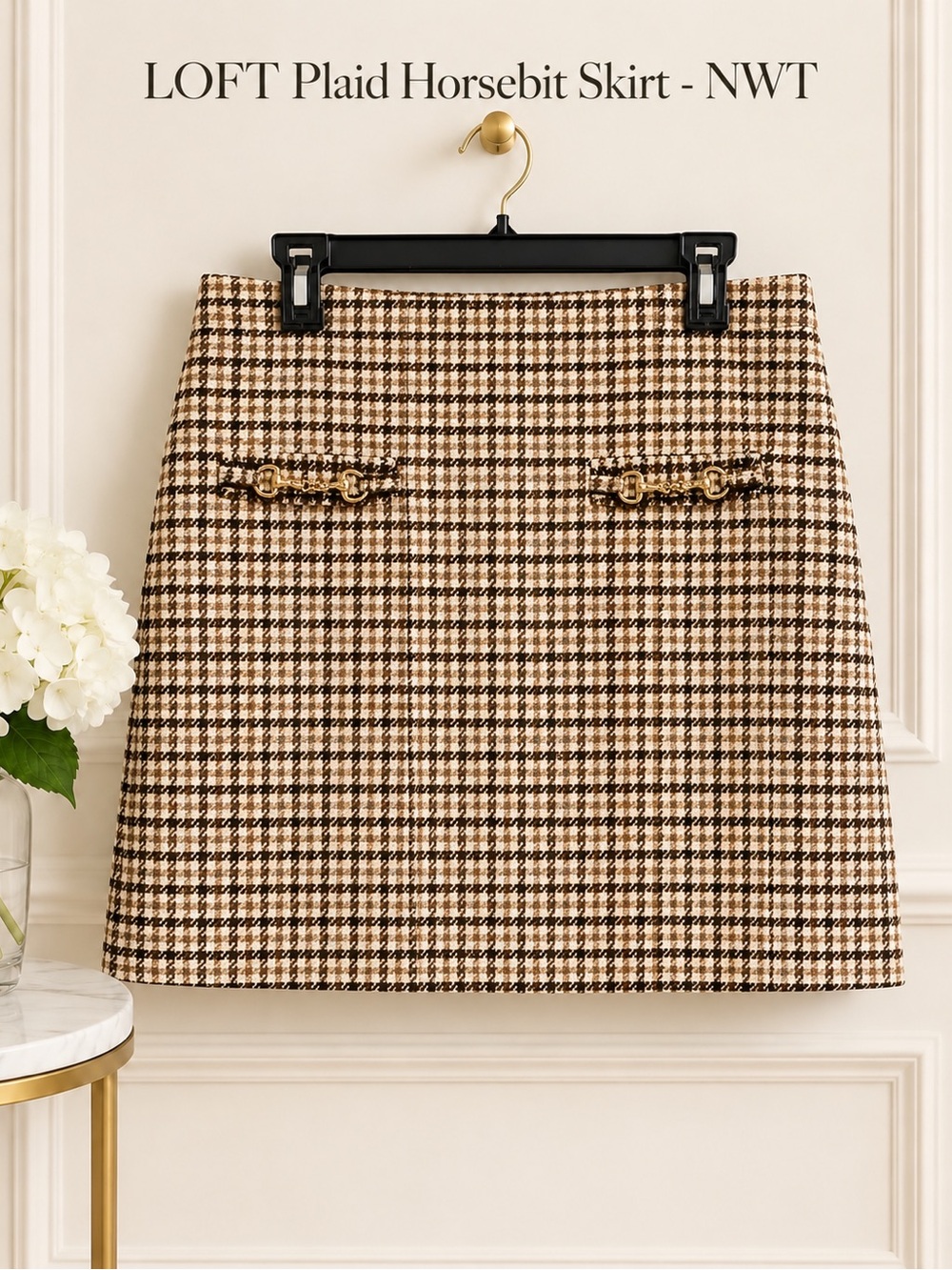 LOFT Brown and Black Plaid Mini Skirt with Gold Horsebit Detail